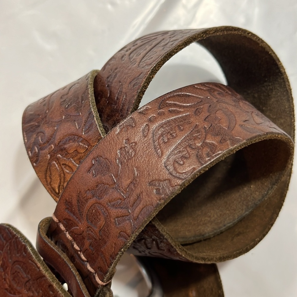 AE belt FITS 33-39” DARK BROWN LEAF Embossed SOFT Leather 1.75”wide BOHO Western - Picture 11 of 12